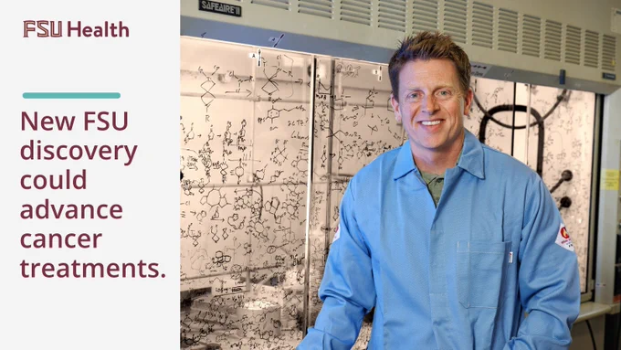 A photo of FSU associate professor of Chemistry and Biochemistry, James Frederich, with text that reads: New FSU discovery could advance cancer treatments.