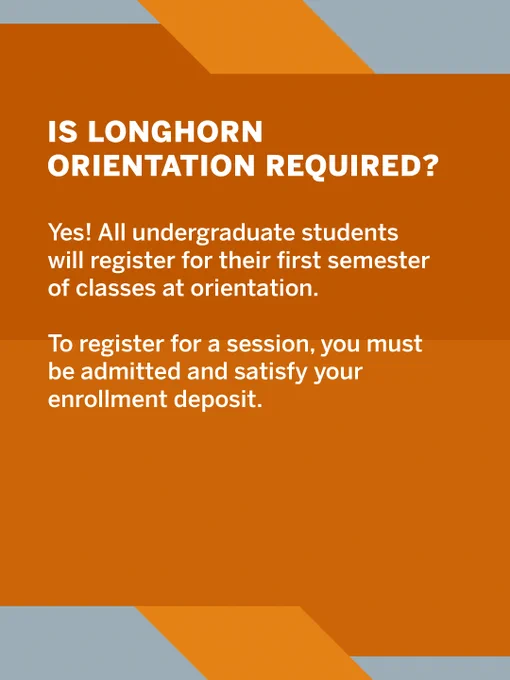 Orange and gray graphic titled "Is Longhorn Orientation Required?" It states that all undergraduate students must register for their first semester of classes at orientation. Registration requires admission and an enrollment deposit.