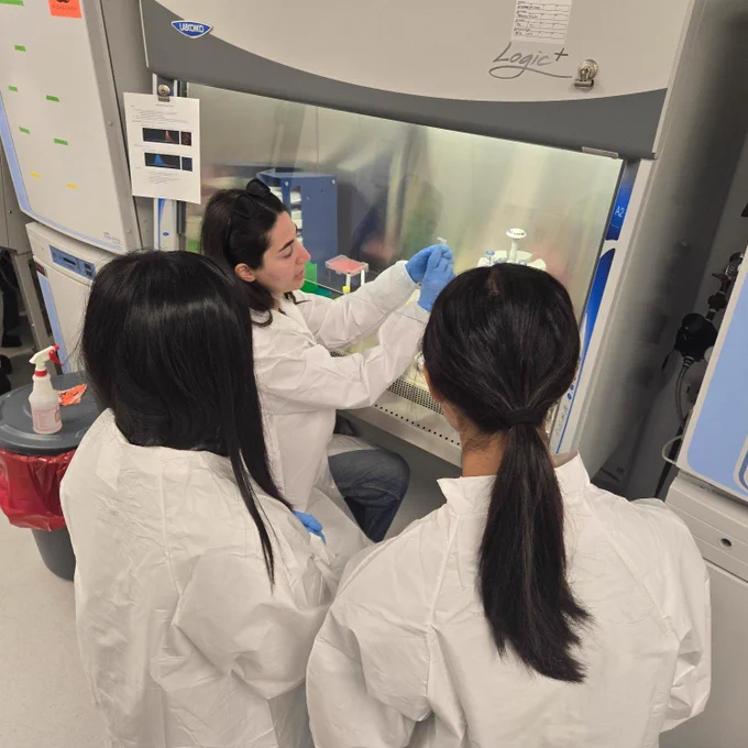Three individuals in lab coats work in a laboratory setting. One person is seated, conducting an experiment inside a biosafety cabinet, while the other two observe closely. There is lab equipment and a waste bin nearby.