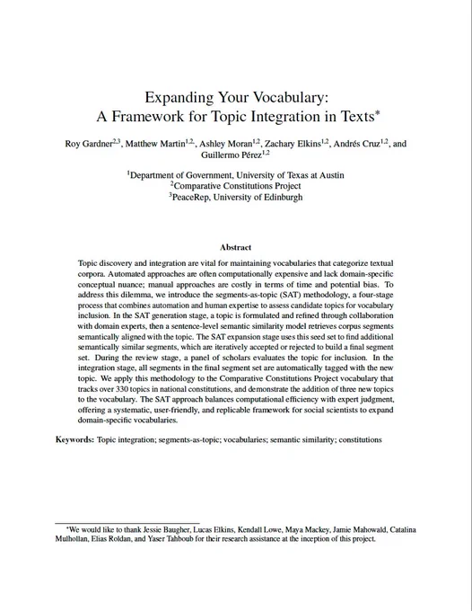 First page of "Expanding Your Vocabulary: A Framework for Topic Integration in Texts" by Roy Gardner, Matthew Martin, Ashley Moran, Zachary Elkins, Andrés Cruz, and Guillermo Pérez, affiliated with the University of Texas at Austin, the Comparative Constitutions Project, and PeaceRep at the University of Edinburgh. The page shows the paper's title, author list, and abstract.