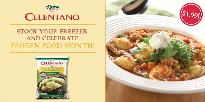 A bowl of Celentano cheese ravioli in sauce is garnished with herbs and cheese, accompanied by a piece of bread. A package of Celentano Mini Rounds Cheese Ravioli is in the bottom left corner. The background is beige with the Rosina brand logo at the top. Text reads "Stock your freezer and celebrate Frozen Food Month!" with a red price tag of $1.99.
