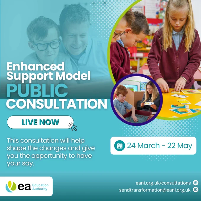 Children engaged in educational activities with a public consultation announcement for the Enhanced Support Model from 24 March to 22 May.