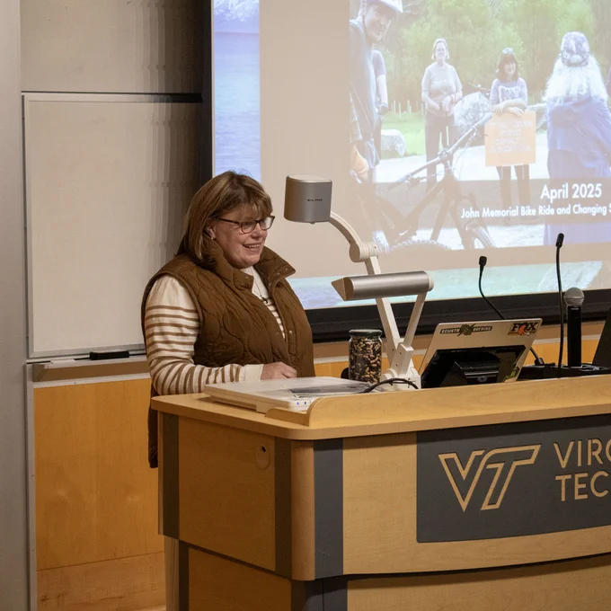 Cathy McDowell speaking at the inaugural John McDowell Memorial Lecture.