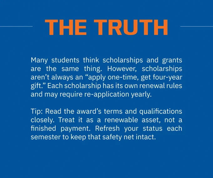 The truth is that many students think scholarships and grants are the same thing. However, scholarships aren't always an "apply once, get four-year gift." Each scholarship has its own renewal rules and may require re-application yearly. 
TIP: Be sure to read the award's terms and qualifications closely. Treat it as a renewable asset, not a finished payment. Refresh your status each semester to keep that safety net intact.