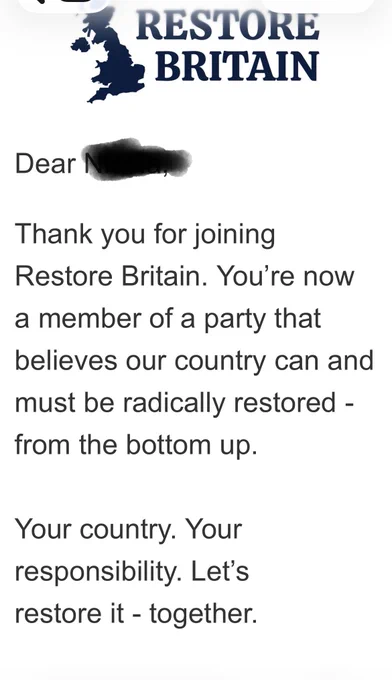 I have never joined a political party before, I joined Restore Britain today 🇬🇧 
I absolutely love Rupert ,  
every day I read he’s posts and they fill me with so much hope, what he says we are all thinking, 
We are so lucky to have him! 
I am telling everyone about Rupert & Restore Britain. 
We all need to do our bit to help Restore Britain  save our beautiful country 🇬🇧🏴󠁧󠁢󠁥󠁮󠁧󠁿🇬🇧