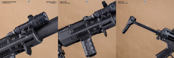 RailScales QTR Stop, RSB/M M-LOK VFG, G10 Solo's (MiniDot, Black FR4, 1-Slot & 1.5-Slot), G10 RailScales (MiniDot, Black FR4, 2-Slot), Hardtop Mount for Scout Light Pro Lights | Heckler & Koch MP5SD w/ HK MP5 30rd Straight Mag, HK SEF Housing, HK SEF Trigger Pack, HK SEF Long Axle Selector Lever, and HK MP5 A3 Retractable Stock | Hitec Arms HP5SD w/ B&T USA MP5-SD Suppressor, Dakota Tactical MHS-SD MP5SD M-LOK Rail w/ Gigliotti Rifleworks TheOne MP5SD Cage, Surefire M340C-Pro Scout Light Pro Light w/ CSM-07 Pressure Switch.