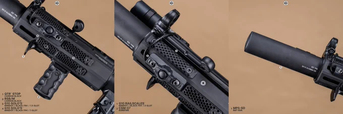 RailScales QTR Stop, RSB/M M-LOK VFG, G10 Solo's (MiniDot, Black FR4, 1-Slot & 1.5-Slot), G10 RailScales (MiniDot, Black FR4, 2-Slot), Hardtop Mount for Scout Light Pro Lights | Heckler & Koch MP5SD w/ HK MP5 30rd Straight Mag, HK SEF Housing, HK SEF Trigger Pack, HK SEF Long Axle Selector Lever, and HK MP5 A3 Retractable Stock | Hitec Arms HP5SD w/ B&T USA MP5-SD Suppressor, Dakota Tactical MHS-SD MP5SD M-LOK Rail w/ Gigliotti Rifleworks TheOne MP5SD Cage, Surefire M340C-Pro Scout Light Pro Light w/ CSM-07 Pressure Switch.