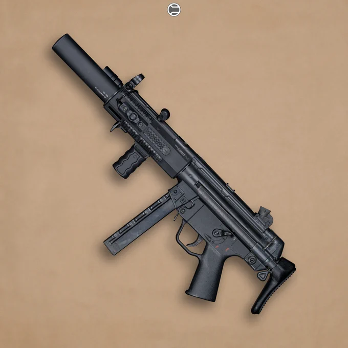 RailScales QTR Stop, RSB/M M-LOK VFG, G10 Solo's (MiniDot, Black FR4, 1-Slot & 1.5-Slot), G10 RailScales (MiniDot, Black FR4, 2-Slot), Hardtop Mount for Scout Light Pro Lights | Heckler & Koch MP5SD w/ HK MP5 30rd Straight Mag, HK SEF Housing, HK SEF Trigger Pack, HK SEF Long Axle Selector Lever, and HK MP5 A3 Retractable Stock | Hitec Arms HP5SD w/ B&T USA MP5-SD Suppressor, Dakota Tactical MHS-SD MP5SD M-LOK Rail w/ Gigliotti Rifleworks TheOne MP5SD Cage, Surefire M340C-Pro Scout Light Pro Light w/ CSM-07 Pressure Switch.