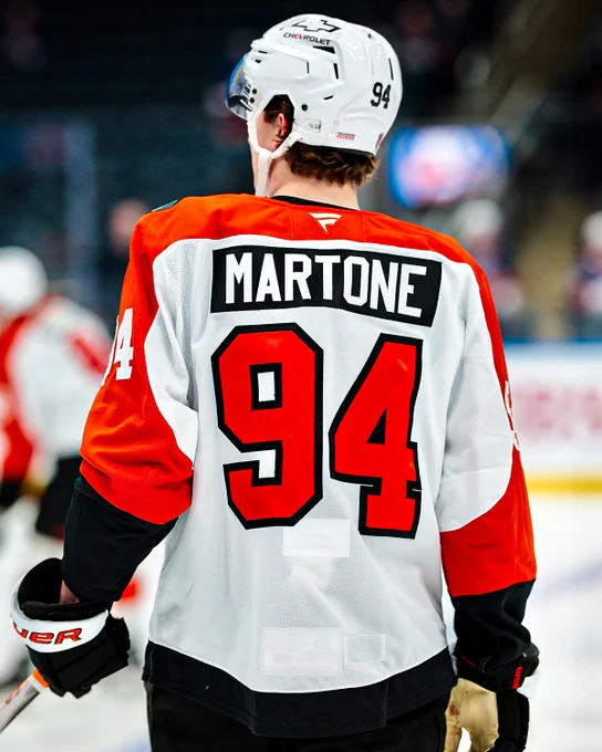 Back view of Porter Martone warming up on ice in a Flyers uniform.