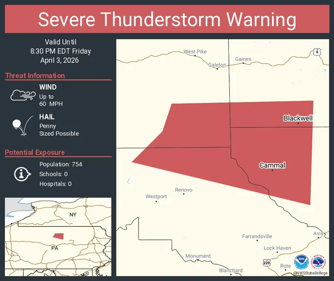This graphic displays a severe thunderstorm warning plotted on a map. The warning is in effect until 8:30 PM EDT. The warning includes Blackwell PA and Cammal PA.  This warning is for North central Clinton County in north central Pennsylvania, Northwestern Lycoming County in north central Pennsylvania, Southeastern Potter County in north central Pennsylvania and Southwestern Tioga County in north central Pennsylvania. The threats associated with this warning are wind gusts up to 60 MPH and penny sized hail. There are 754 people in the warning along with 0 schools and 0 hospitals.