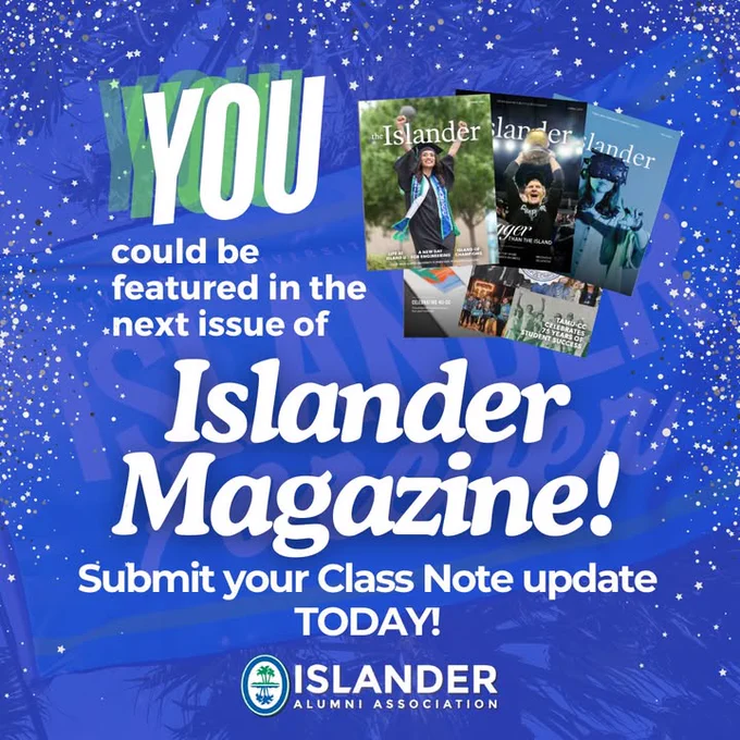 An advertisement for the TAMU-CC Islander Magazine features several magazine covers and text encouraging Texas A&M University-Corpus Christi alumni to submit updates for the next issue. The background is decorated with a festive, starry pattern. The Islander Alumni Association logo is displayed at the bottom.
