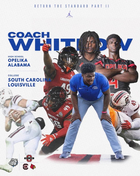 Graphic introducing Coach Quandeski Whitlow featuring action photos from his playing career at Opelika High School, South Carolina, and Louisville, with a central image of Whitlow in a blue Copperas Cove Bulldogs coaching shirt. Text highlights his Alabama high school roots and college experience at South Carolina and Louisville under the headline “Coach Whitlow – Return the Standard Part II.