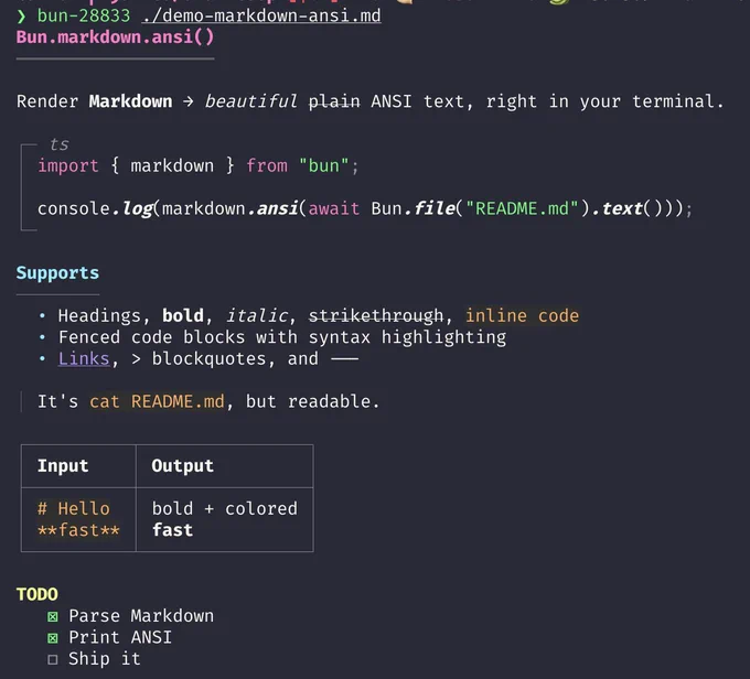❯ bun-28833 ./demo-markdown-ansi.md
Bun.markdown.ansi()
═══════════════════

Render Markdown → beautiful plain ANSI text, right in your terminal.

┌─ ts
│ import { markdown } from "bun";
│
│ console.log(markdown.ansi(await Bun.file("README.md").text()));
└─

Supports
────────
  • Headings, bold, italic, strikethrough, inline code
  • Fenced code blocks with syntax highlighting
  • Links, > blockquotes, and ---

│ It's cat README.md, but readable.

┌──────────┬────────────────┐
│ Input    │ Output         │
├──────────┼────────────────┤
│ # Hello  │ bold   colored │
│ **fast** │ fast           │
└──────────┴────────────────┘

TODO
   ☒ Parse Markdown
   ☒ Print ANSI
   ☐ Ship it