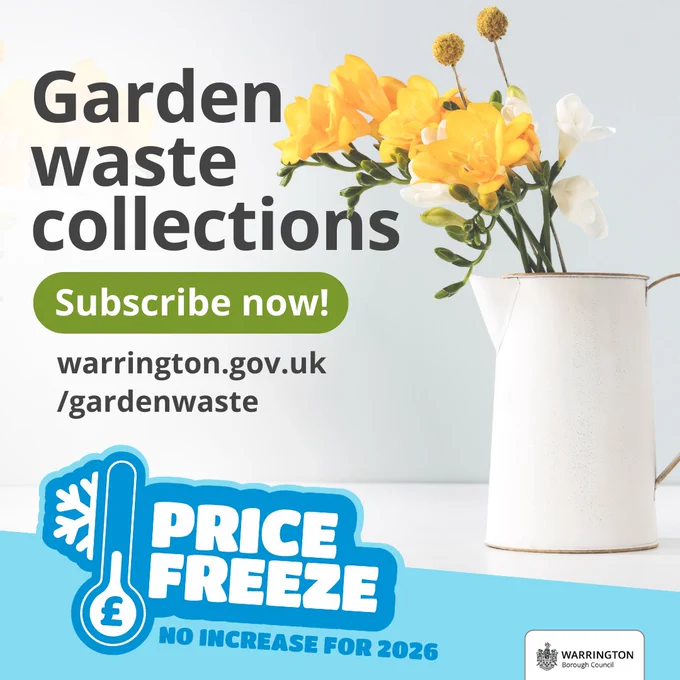 💚 Let’s make Warrington greener together! With frozen 2026 prices, now’s the perfect time to join our Garden Waste Collection Service. ♻️ Sustainable recycling 🚚 Hassle free, reliable collections 📅 Buy early = more collections Sign up now: https://www.warrington.gov.uk/gardenwaste
