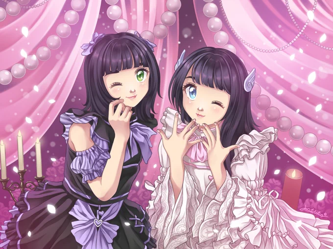 Fanart of Ping Persona in Black Dress and Kaning Vitita in White Dress, Pink Room with Balloon and Petal. Created by Jocatchstar