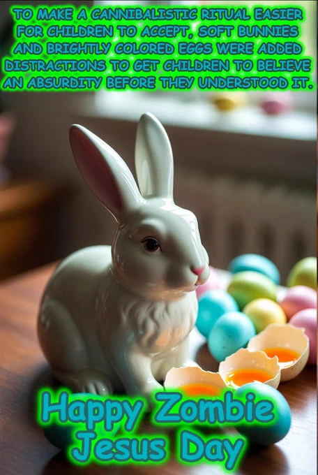 A ceramic bunny is resting on a table that also holds pastel colored "Easter" eggs. Three of the eggs are cracked open but are not hard boiled. Their uncooked yokes are exposed. These three eggs are right below the bunny's face, possibly implying he is eating the eggs.

There is text over the image that says "To make a cannibalistic ritual easier for children to accept, soft bunnies and brightly colored eggs were added distractions to get children to believe
an absurdity before they understood it."