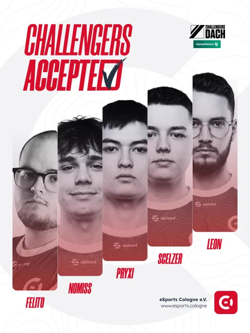 Grafik von eSports Cologne e.V. zur Teilnahme an der Challengers DACH Liga. Oben links steht in großer, roter Schrift „CHALLENGERS ACCEPTED“, mit einem schwarzen Häkchen am Ende. Oben rechts ist das Logo von „HanseMerkur Challengers DACH“. Im Zentrum zeigt das Bild die Porträts von fünf E-Sport-Spielern, die in vertikalen, treppenartig ansteigenden Balken angeordnet sind. Unter den Spielern stehen in roter Schrift ihre Namen von links nach rechts: FELITO, NOMISS, PRYXI, SCELZER und LEON. Die Spieler tragen rot-schwarze Trikots mit dem Logo von „spized“. Unten rechts befindet sich das Vereinslogo von eSports Cologne e.V. zusammen mit der Website www.esports.cologne. Der Hintergrund ist weiß-grau mit dezenten topografischen Linien.