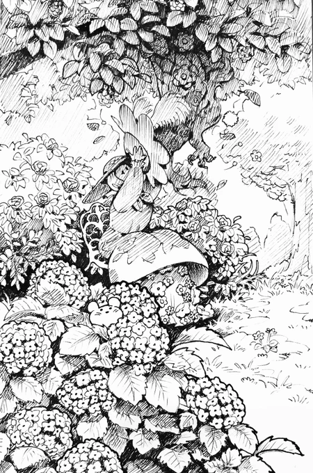 a creature descending from a tree canopy has its face held lovingly by a woman sitting on an garden chair. they are surrounded by rose & hydrangea bushes.