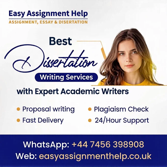 A professional 1080x1080 marketing graphic for Easy Assignment Help. The top features the brand logo in blue and orange. Below, the main heading reads "Best Dissertation Writing Services with Expert Academic Writers" in dark blue and script fonts. A young female student in a yellow shirt is pictured on the right. Bullet points highlight Proposal writing, Plagiarism Check, Fast Delivery, and 24/Hour Support. The dark blue footer displays contact details: WhatsApp:  44 7456 398908 and Web: easyassignmenthelp.co.uk.