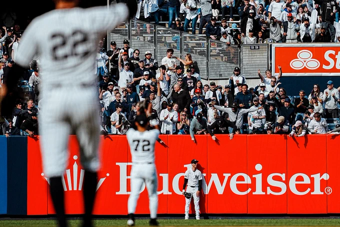 Ben Rice and José Caballero react to Cody Bellinger’s spectacular catch during the Yankees home opener.