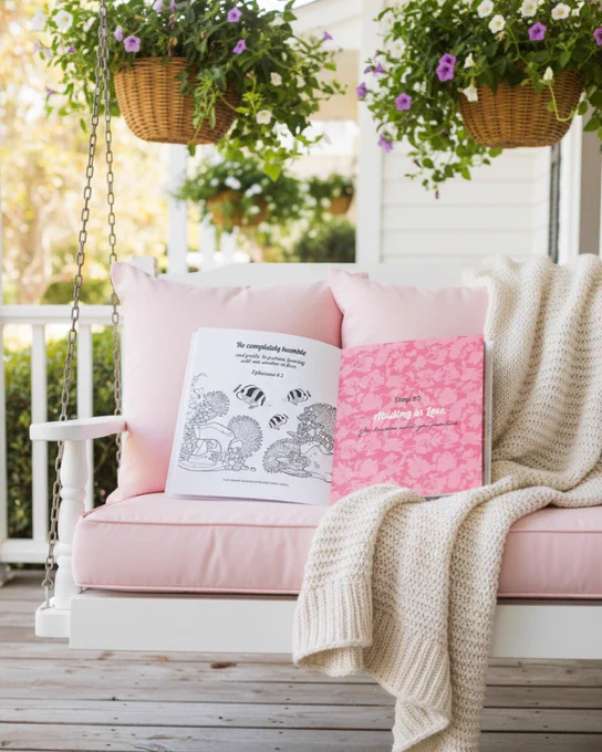Scripture coloring book open to Psalm 149:4 'He completely beautifies the meek' page with bee and flower illustration, displayed on white porch swing with pink cushions, cream knit throw, and hanging flower baskets with purple and white blooms.