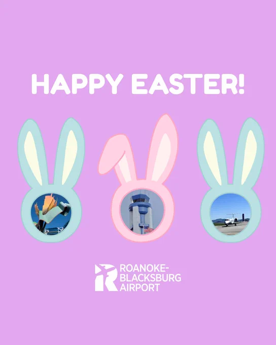 Happy Easter with three bunny photo frames and three photos of ROA - tower, Aurora statue, and plane taxiing