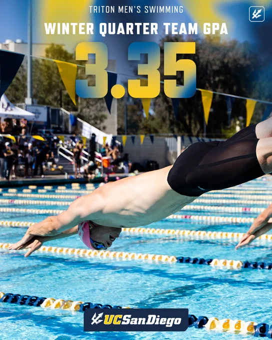 A UC San Diego swimmer is captured mid-dive into an outdoor pool, with colorful lane markers and flags visible. Spectators are gathered in the background under sunny skies. The image prominently features the text "Triton Men's Swimming Winter Quarter Team GPA 3.35" and "UC San Diego" at the bottom.