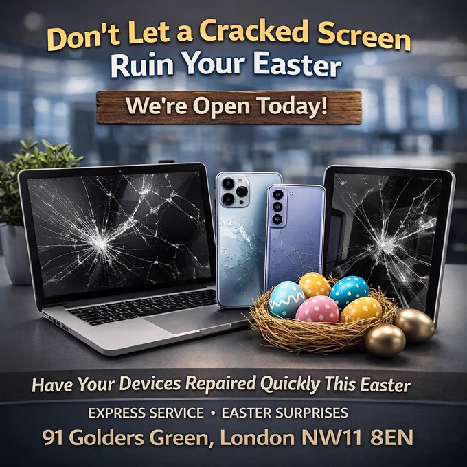 🚨 CRACKED SCREEN? DON'T PANIC — WE'RE OPEN THIS EASTER! 🐣
While everyone else is closed, we're here fixing phones, tablets & laptops FAST. 💥
✅ Express same-day repairs
✅ All devices welcome
✅ Easter surprises included 🎁
Don't spend Easter squinting through a shattered screen. Come in TODAY and walk out with a device that looks brand new. 👊
📍 91 Golders Green, London NW11 8EN
⏰ Open NOW — walk-ins welcome!
👇 TAG a friend whose screen is already cracked 😂