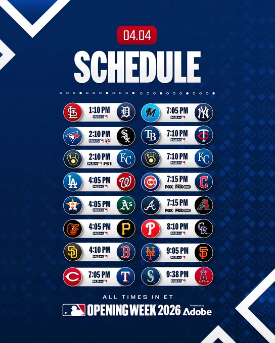 April 4th Schedule
All Times in ET
All Games Available on MLB.TV except CHC-CLE and ATL-AZ
Opening Week 2026, Presented by Adobe

Cardinals vs. Tigers, 1:10 PM
Blue Jays vs. White Sox, 2:10 PM (MLB Network)
Brewers vs. Royals Game 1, 2:10 PM (FS1) Dodgers vs. Nationals, 4:05 PM
Astros vs. Athletics, 4:05 PM
Orioles vs. Pirates, 4:05 PM
Padres vs. Red Sox, 4:10 PM
Reds vs. Rangers, 7:05 PM
Marlins vs. Yankees, 7:05 PM
Rays vs. Twins, 7:10 PM
Brewers vs. Royals Game 2, 7:10 PM
Cubs vs. Guardians, 7:15 PM (FOX and FOX One)
Braves vs. D-backs, 7:15 PM (FOX and FOX One)
Phillies vs. Rockies, 8:10 PM
Mets vs. Giants, 9:05 PM
Mariners vs. Angels, 9:38 PM
