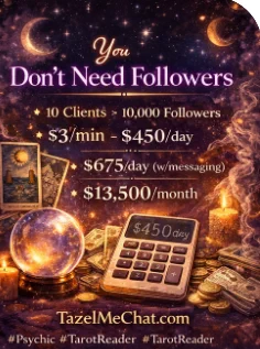 ou don’t need 10,000 followers to make money as a psychic.

You need 10 clients.

That’s it.

The industry lied to you.

Connection pays.

Not content.

#Psychic
#TarotReader
#SpiritualBusiness

https://tazelmechat.com/tazelmechat-for-psychics-palmists-tarot-card-readers-spiritual-advisors/

