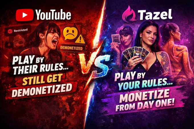 “If your content is too edgy, too real, or too unconventional…
YouTube doesn’t know what to do with you.

Best case? You get limited ads.
Worst case? You’re gone.

On Tazel, that same content becomes your business.”