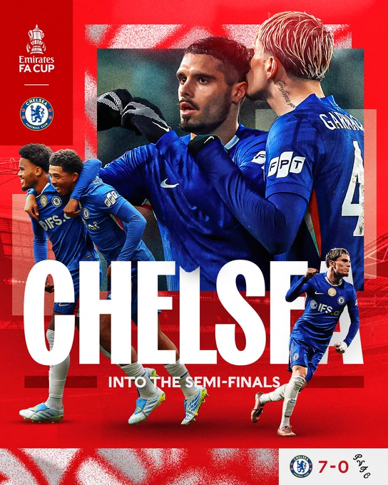A graphic celebrating Chelsea reaching the Emirates FA Cup semi-finals