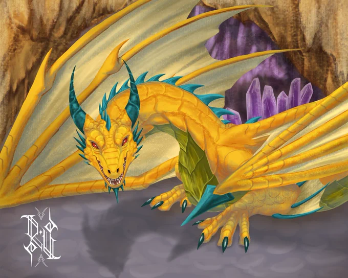 A yellow dragon protecting the amethyst cave and no human or creature are allowed to step in. But if you're on a mission on getting them, it would be more difficult because the dragon is going to chase you.

This was made on ibisPaintX and using both Wacom pentab and my finger. Also the dragon color palette is based of a sunflower. Tbh this artwork is just to kill my boredom when I was away from home.  Not really satisfied with the final result, but ok I guess.