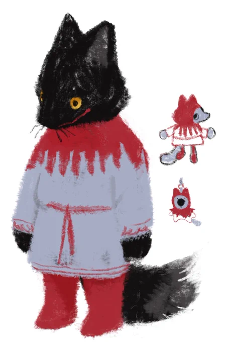 a little black wolf wearing a red hood   red stockings    light blue tunic?  sure tunic    along with little doodles of the same wolf to the side one frolicking and one as a marketable plush