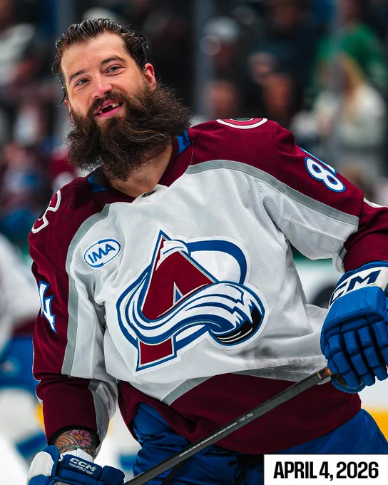 Brent Burns on ice for warmups in an Avalanche uniform.