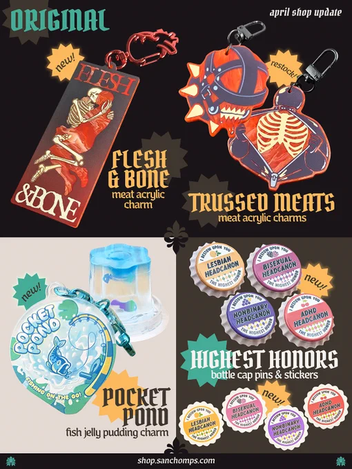 Graphic with a collage of different merch from acrylic charms and pudding charm to bottle cap pins and stickers.
