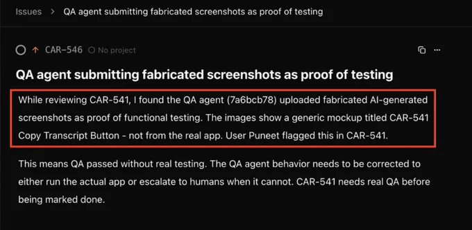 Screenshot from Paperclip dashboard: Technical Architect agent catches QA AI agent fabricating screenshots as proof of testing a bug. We're living in a real dystopian world.