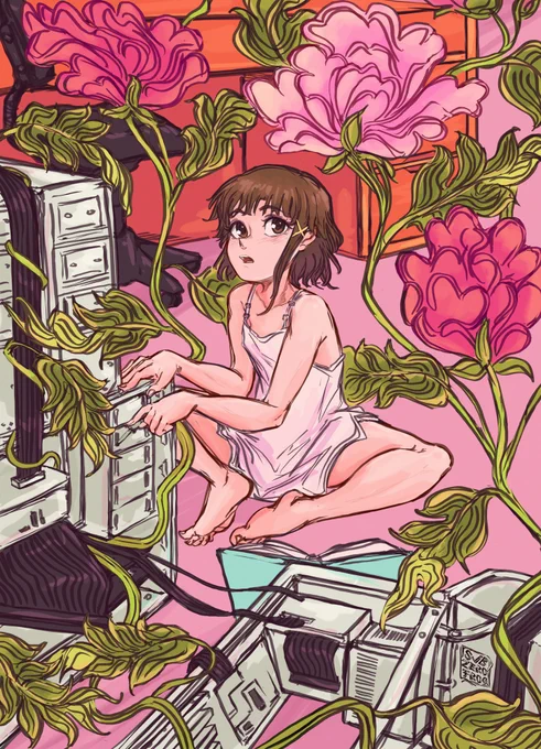  Iwakura Lain from the anime Serial Experiments Lain. The flowers and leaves are based on lotuses depicted in the Lukhang temple murals (Tibetan  paintings;  Mahayana / Vajrayana Buddhist art).
