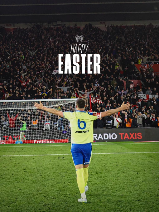Happy Easter graphic, showing Taylor Harwood-Bellis standing with his arms outstretched, wearing the 1976 inspired yellow shirt with blue shorts and yellow socks. The text on the graphic reads 'Happy Easter'