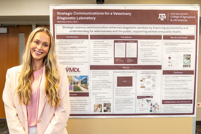 A girl in a pink jacket stands smiling in front of a presentation poster at Texas A&M University College of Agriculture & Life Sciences. The poster is titled "Strategic Communications for a Veterinary Diagnostic Laboratory" and includes sections on introduction, procedures, and results related to veterinary science.