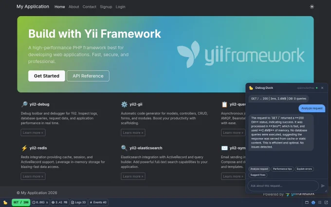 AI-powered PHP debugger built into the toolbar. Debug Duck analyzes HTTP requests in real time GET / returns 200 in 3ms with 2.4MB memory and 0 database queries. Works with Yii2, Laravel, and Symfony. Uses OpenRouter with free LLM models. Open source alternative to Laravel Telescope and Symfony Profiler.