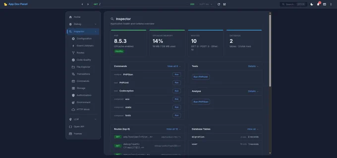 Live PHP application inspector showing PHP 8.5.3, OPcache status at 99.9% hit rate, 10 registered routes, 2 database tables, runnable PHPUnit and PHPStan commands. Real-time server inspection without SSH. Works with Yii2, Laravel, Symfony. App Dev Panel open source debugging tool 2026.