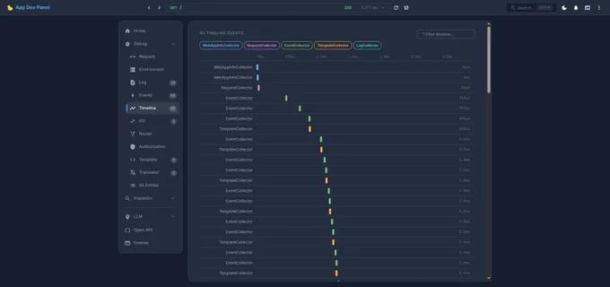 Visual performance profiling timeline for PHP request lifecycle. Color-coded execution waterfall showing bootstrap, routing, controller, view rendering, and event dispatching with microsecond precision. Built-in profiler like Chrome DevTools but for PHP backend. No Xdebug required.