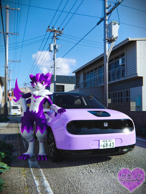 A render of Zeraora (Gelo) showing off a Light Purple 2023 Honda E in a Japanese Neighborhood in a late afternoon.
Render by @GrapeDoggo