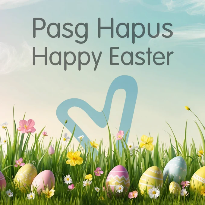 Colorful Easter eggs nestled in green grass with spring flowers under a bright sky.