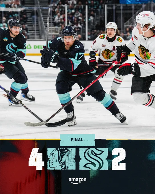 Final score graphic with a blue and red background. An image of game action, featuring Kraken forward Jaden Schwartz is overlayed in the center of the graphic. The Blackhawks logo, Kraken logo and score are along the bottom of the graphic with an Amazon logo underneath. The score is 4-2, Chicago.