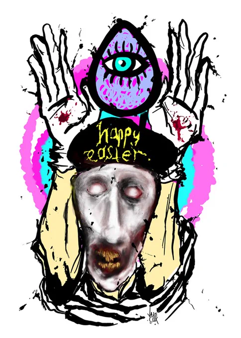 A terrifying depiction of a demon-faced mime artist holding his stigmata hands up to mimic bunny ears. Between his hands is an Easter egg with an all-seeing eye. On the Mime's hat 'happy easter' is scrawled.