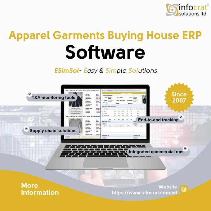 ESimSol Apparel Buying House ERP dashboard showing merchandising order tracking, Time Action Plan execution report, costing module, and commercial follow-up interface for garments industry management.