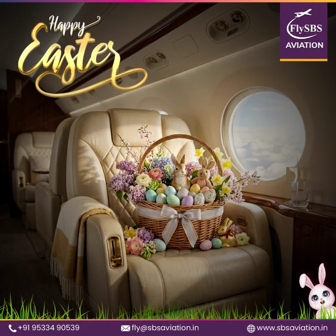 Luxury private jet cabin with Easter basket, pastel eggs and bunny decorations – FlySBS Aviation