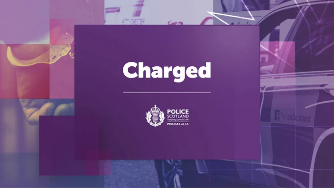 Purple Police Scotland graphic displaying the words ‘Charged’, with abstract layered shapes in the background and the Police Scotland logo.